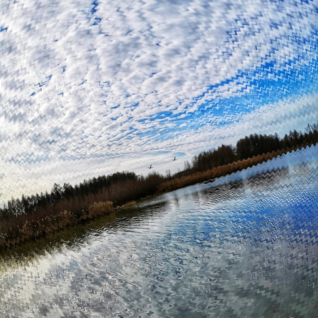 Eine weitere Arbeit im Raum I der Galerie der Galeriothek Leopoldi-Art zum Thema Natur. Zu sehen sind die Innauen mit einem Grünstreifen über den Schwäne fliegen. Der blauweiße Himmel spiegelt sich im Wasser und die Bewegung des Wassers und der Wolken sind überspitzt dargestellt durch Wellenbearbeitung des Fotos.