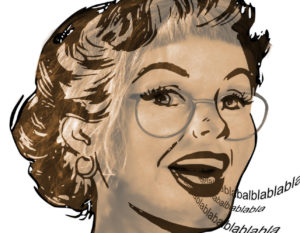 Ein Porträt der Künstlerin eingefügt in eine Illustration einer Frau, die ähnlich aussieht wie Doris Day, mit einem Buchstabenschwall aus dem Mund, sprich eine Quasselstrippe