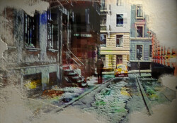 Series #OnTheRoad View a small street in a city. You can see a man walking and a bright yellow car at the end the bad road. It is clear that this scene must play a long time ago. The digital processing clarifies this retrospective.