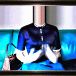 Ein Bild einer sitzenden, gestikulierenden Frau, deren Hals nach oben verlängert ist. Der Kopf ist nicht mehr auf dem Bild. Titel: Loosing my head. Leopoldi will damit aussagen, dass sie einfach manchmal den Kopf verliert, wenn sie über die Welt und die Gesellschaft nachdenkt.